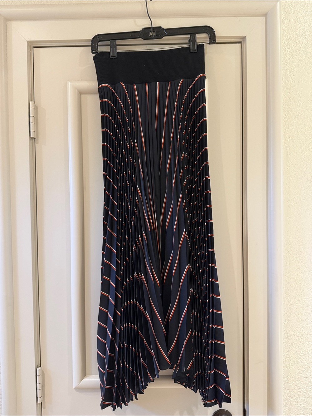 A.L.C. Navy Pleated High-Low Skirt with Coral & White Stripes